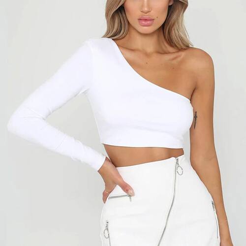 CDJLFH Sexy One Shoulder Crop Top T Shirt Women Diagonal Col