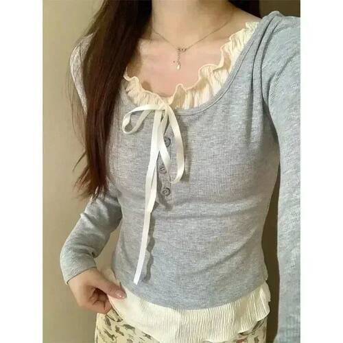 Korean Fashion Cropped Tshirt Women Long Sleeve Coquette Lac