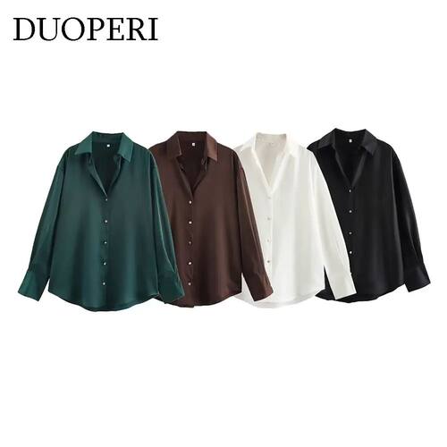 DUOPERI Women Fashion Satin Brown Blouse Lapel Neck Long Sle