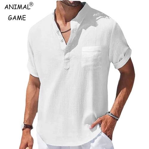 New Men's Casual Stand Up Collar Summer Solid Color Short Sl