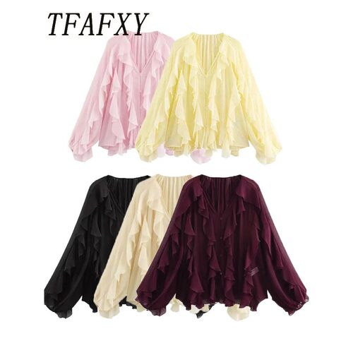 Women's Casual Ruffled Shirt Loose Lace Up Hollow Out V Neck