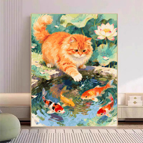 宝藏湾 数字油画diy橘猫戏鲤治愈肌理填充风景油画高还原装饰画