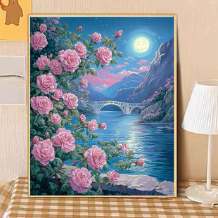 宝藏湾 数字油画diy玫瑰花海治愈系高难度填色画解压油画填充数字