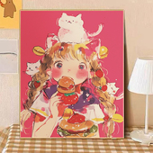 宝藏湾数字油画diy汉堡女孩手工填充油彩画治愈系装 饰画生日礼物