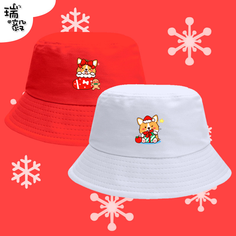 柯基狗可爱圣诞柯基狗狗创意渔夫帽子男女儿童装学生防晒遮阳盆帽