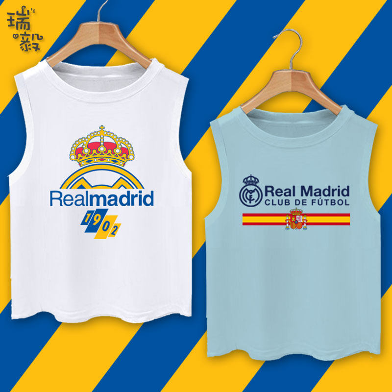 皇马队服拉莫斯本泽马足球迷服纯棉背心男女学生儿童装无袖t恤衫