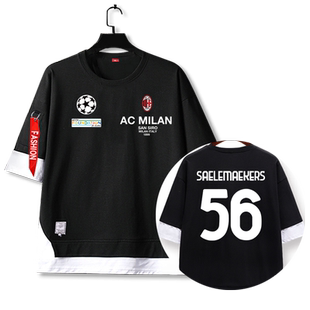 AC米兰欧冠意甲足球迷假两件短袖T恤衫男女儿童装学生5五分袖中袖