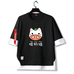 摸凹猫特务兔植物猪文字创意假两件短袖T恤衫男女儿童5五分袖中袖