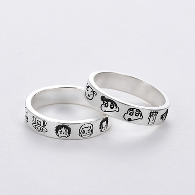 蜡笔小新卡通动漫手工纯银戒指海贼王哆啦A梦小丸子情侣对戒定制