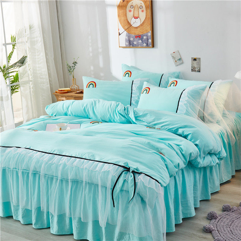 小清新全棉毛巾绣床裙式四件套少女心蕾丝水洗棉被罩纯棉床上用品