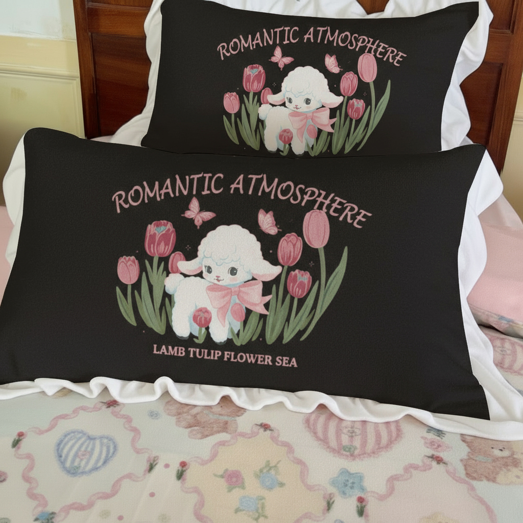 牛奶绒花边枕套黑色洛丽塔卡通绵羊加厚双面绒枕芯头套皮腰靠双枕