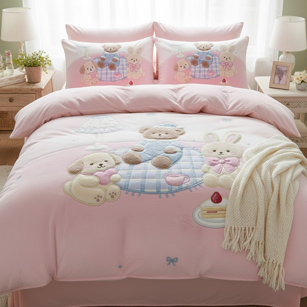 3D立体牛奶绒三四件套卡通萌宠双面加绒加厚秋冬床品被套可爱保暖