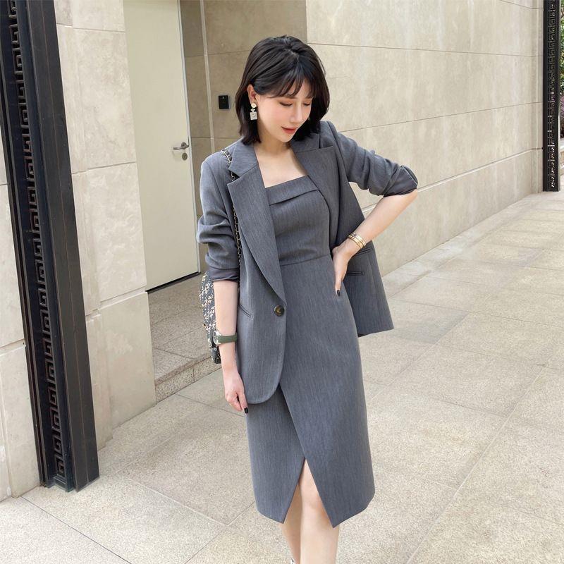 大码女装港风复古名媛高腰西装开叉吊带裙套装胖mm连衣裙两件套女