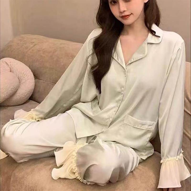 水光绸法式甜美睡衣女春秋长袖夏季薄款冰丝家居服套装木耳边纯色