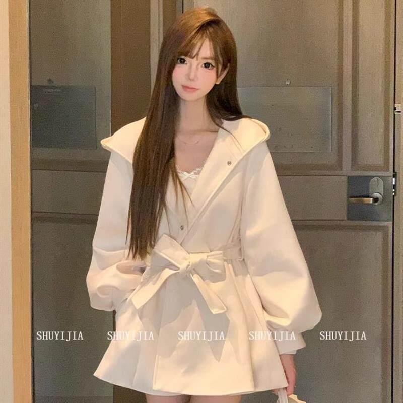 春秋季微胖mm法式富家千金风连帽风衣女长袖中长款收腰毛呢外套女