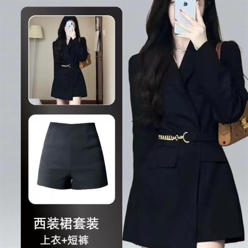 西装裙套装上衣短裤新款垫肩外套女收腰腰带款修身显瘦气质小西装