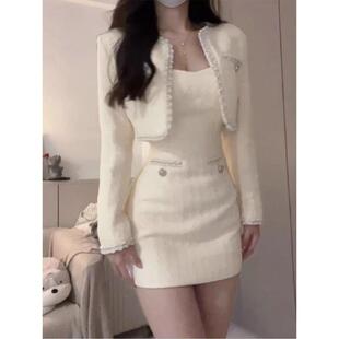 高级感气质富家千金小香风短款外套女春秋小个子吊带连衣裙两件套