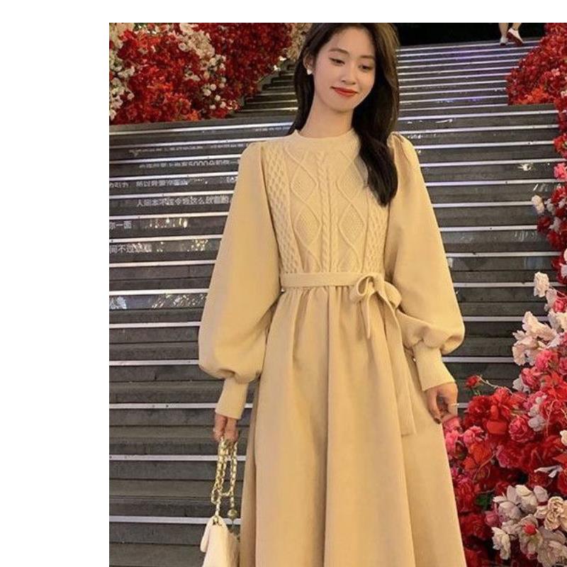 加厚假两件针织连衣裙女秋冬小个子爆款独特配大衣内搭打底毛衣裙