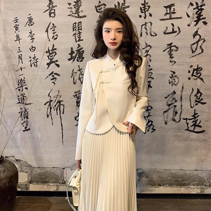 2025春秋高级感新中式复古国风盘扣西装百褶半身裙子两件套装女