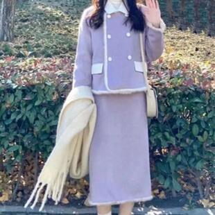 秋冬装盐系高级感小洋装气质名媛韩剧紫色小香风外套两件套装裙女