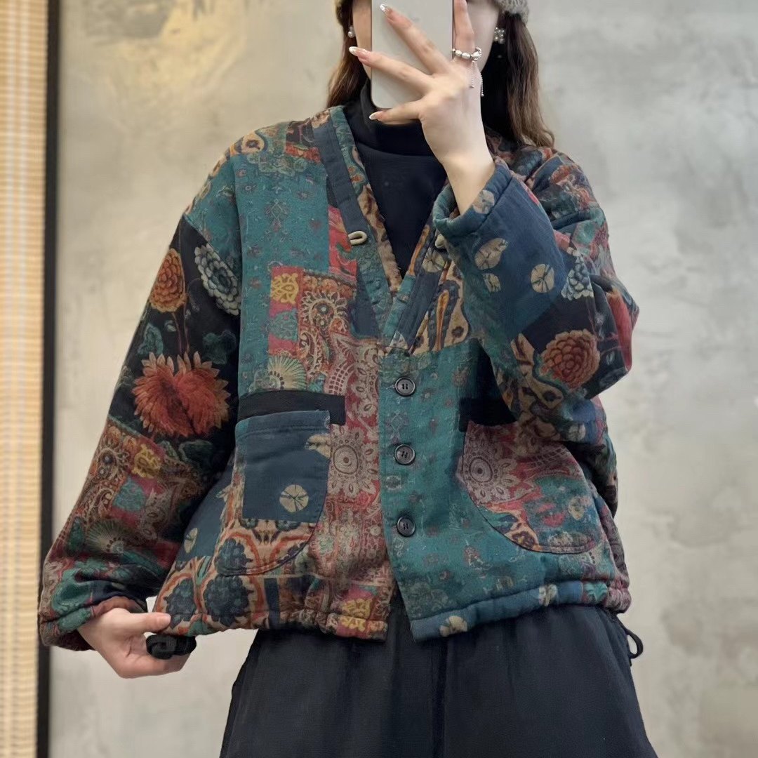 2023冬季新款 民族风印花V棉衣/棉服