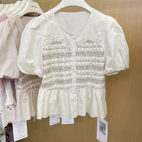 Комплект, летняя короткая рубашка, французский стиль, рукава фонарики, свободный крой