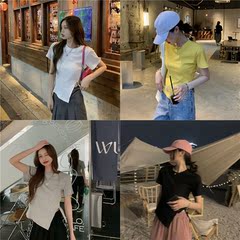 實拍實價；純棉坑條基礎款側開叉顯瘦圓領短袖T