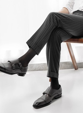 商务正装英伦男鞋小方头高档牛皮皮鞋男 灰色三接头雕花孟克鞋