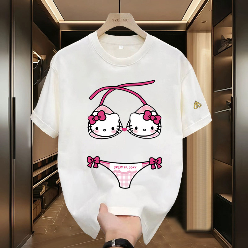 剪刀四季美式卡通KT猫比基尼印花短袖T恤男女同款夏季宽松趣味潮