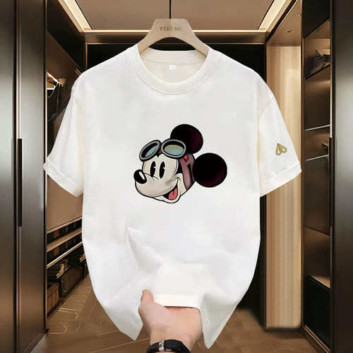 剪刀四季美式卡通风米奇印花短袖T恤男女同款宽松百搭潮流上衣潮
