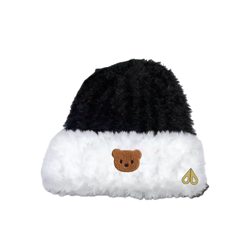 MOOSE剪刀四季卡通小熊毛绒帽黑白拼色保暖针织帽男女通用护耳帽