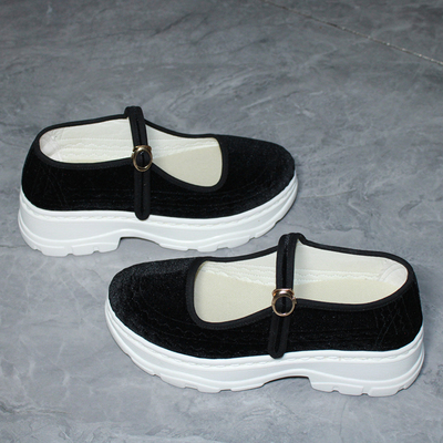 纯手工布鞋女浅口一字扣通勤百搭餐厅服务员工作防水布鞋增高软底