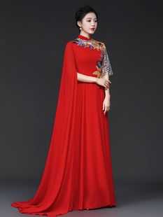 新中式大合唱演出服女2026新款中国风主持人立领长裙渐变拼色