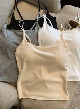 纯欲辣妹美背小吊带背心女带胸垫白色外穿内搭显瘦设计感打底上衣