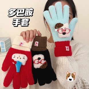 新款 保暖手套露指触屏百搭骑行防寒五指套 多巴胺创意拼接冬季