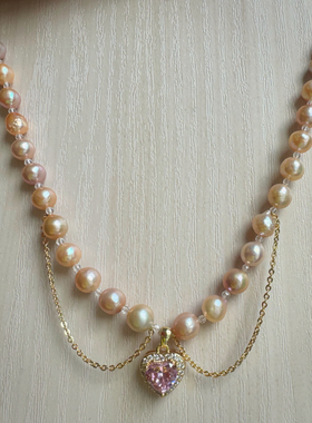 天然淡水金珍珠颈链爱心吊坠女款锁骨链