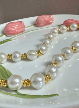 天然淡水珍珠项链女11-12m珍珠间金色花生配珠高级锁骨链