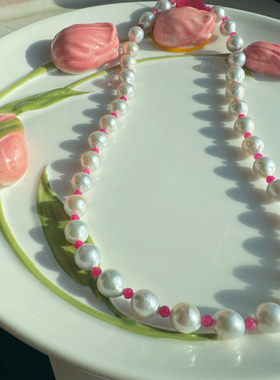 红纹石银蓝珍珠项链小众高级日常气质锁骨链