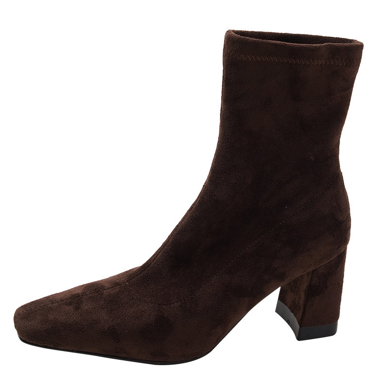 SMALL CARAT COFFEE COLOR RETRO HIGH HEEL BOOTS WOMENS BLOCK HEEL SQUARE TOE AUTUMN AND WINTER VELVET ELASTIC SKINNY BOOTS NET RED 7CM