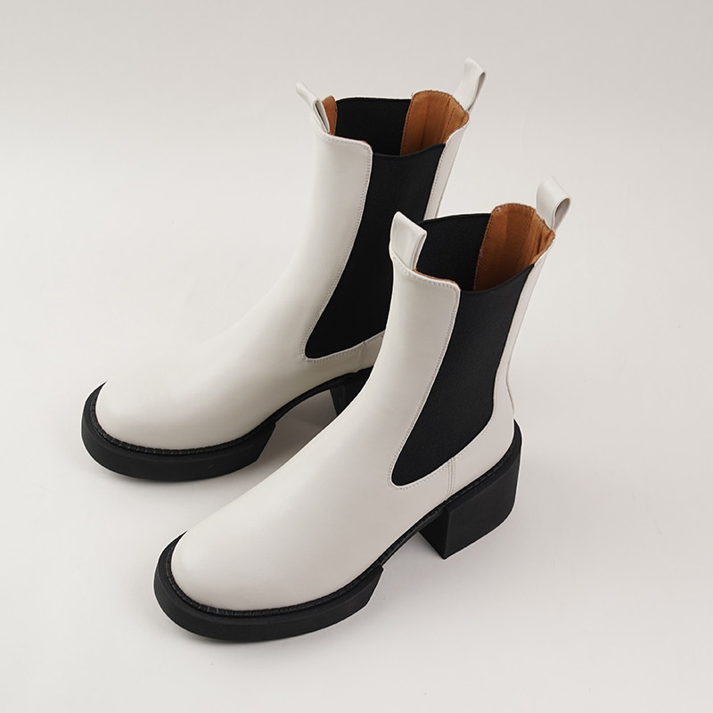 SMALL CARAT AUTUMN AND WINTER NEW LEATHER BOOTIES BLOCK HEEL HIGH HEELS PLATFORM SOLES CHELSEA BOOTS SMALL MID-RISE BOOTS MARTIN BOOTS