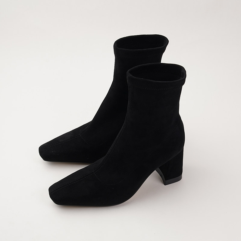 SMALL CARAT COFFEE COLOR RETRO HIGH HEEL BOOTS WOMENS BLOCK HEEL SQUARE TOE AUTUMN AND WINTER VELVET ELASTIC SKINNY BOOTS NET RED 7CM