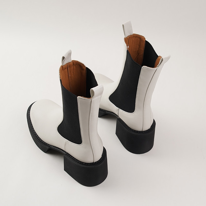 SMALL CARAT AUTUMN AND WINTER NEW LEATHER BOOTIES BLOCK HEEL HIGH HEELS PLATFORM SOLES CHELSEA BOOTS SMALL MID-RISE BOOTS MARTIN BOOTS