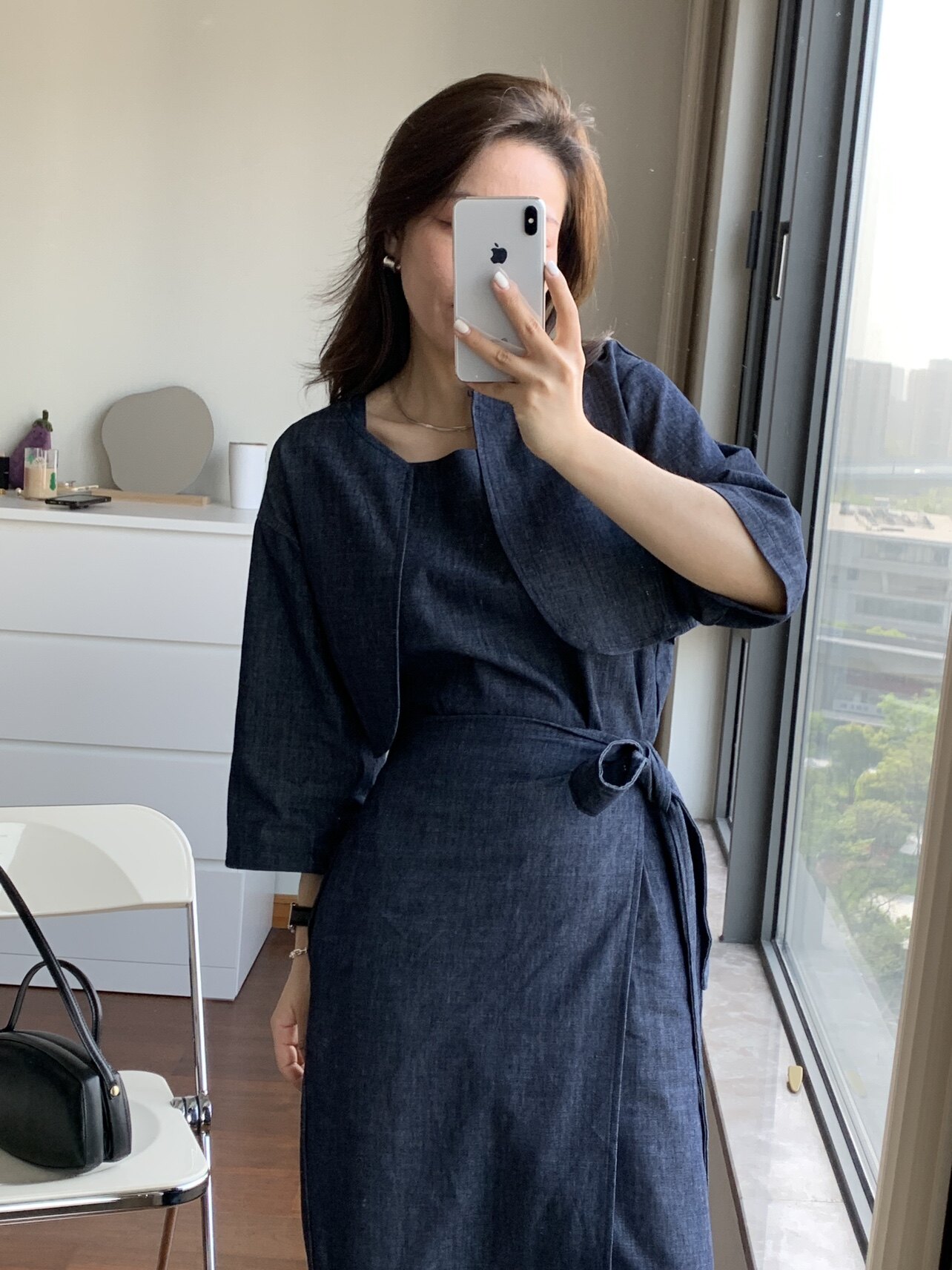 SEAVONNE 韩版显瘦东大门纯色短款外套侧系带修身吊带连衣裙套装