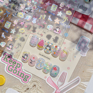 少女浮雕美甲贴纸小清新可爱指甲贴小猫夏天椰子树混款