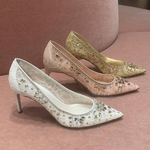 2026新款尖头水晶婚鞋女新娘鞋细跟高跟鞋蕾丝水钻秀禾单鞋宴会鞋