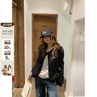 韩系微胖mm黑白波点假两件圆领显瘦针织上衣 韩女设定 你 鱼