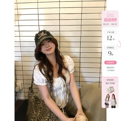 你的鱼 松弛智妍 韩系微胖mm春夏系带抽褶日常甜系休闲泡泡袖上衣