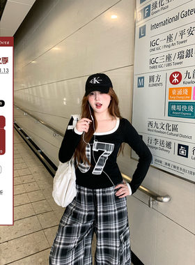你的鱼 Vtg星球 韩系微胖mm露肩休闲印花修身T恤格纹裤秋季套装