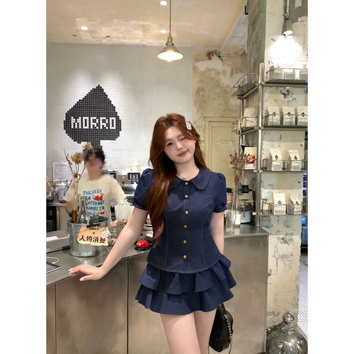 你的鱼 美奈珍妮 韩系微胖mm春夏娃娃领泡泡袖上衣半裙牛仔套装