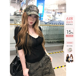 你的鱼 韩女daily 韩系微胖mm纯欲蕾丝亨利领春夏针织轻薄短上衣